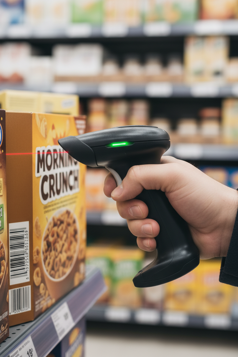 Barcoderscanner wird zum scannen einer Cornflakespackung im Supermarkt verwendet.