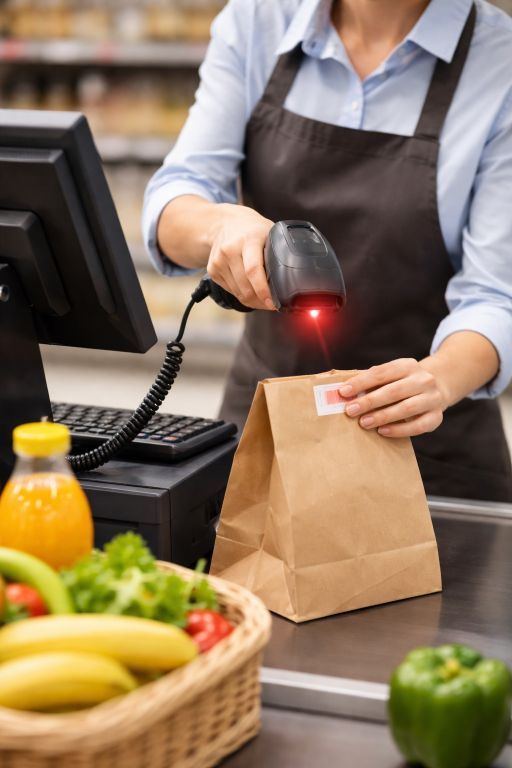 Kabelgebundener Barcodescanner wird an einer Kasse verwendet.