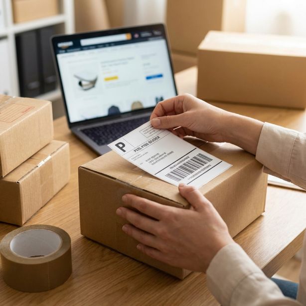 Versandetikett wird auf einem Paket aufgebracht.